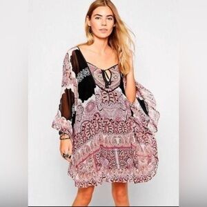 Free People Marla Dreams Dress XS Black Combo Purple Floral Boho Hippie